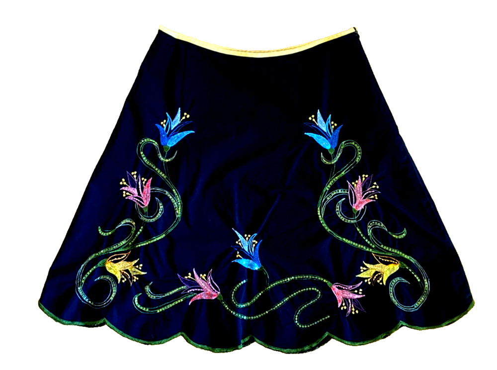 BASIL & MAUDE Embroidered Sequin Black Pink Blue Floral Cotton Skirt Boho Art 12